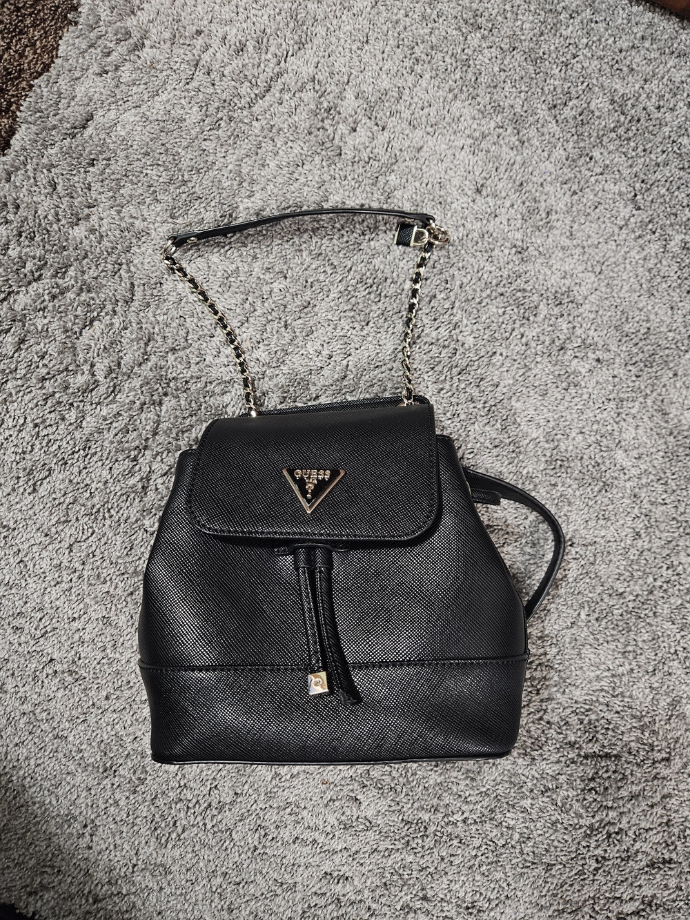 Guess Black Faux Leather Drawstring Backpack with Silver-Tone Hardware